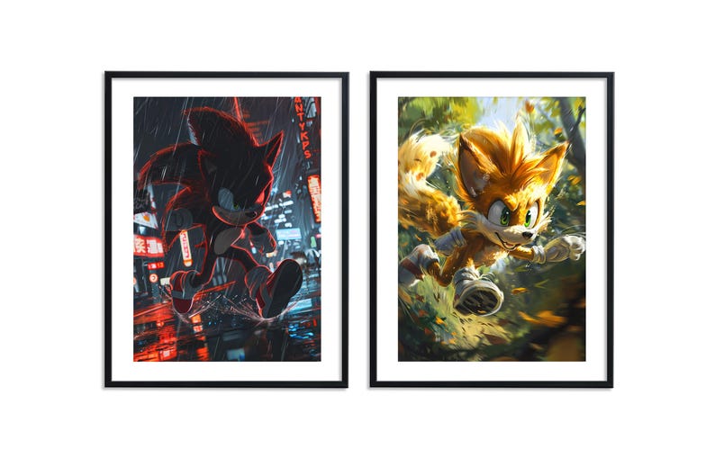 May include: Two framed illustrations of Sonic the Hedgehog characters. The left image shows Shadow the Hedgehog running through a city at night. The right image shows Tails running through a forest.