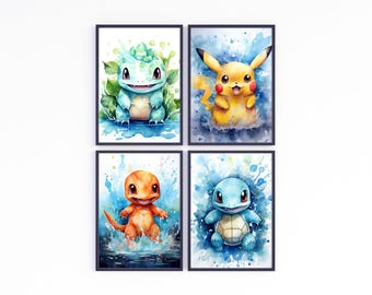 Pokemo Poster, Watercolor Set Of 4 - Nursery Wall Art | Digital Download | Bedroom Decor