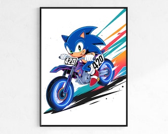Pôster do Sonic Hedgehog: Arte em aquarela de motocicleta (impressão digital)