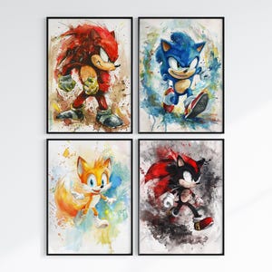Sonic Hedgehog Prints, Set of 4 Watercolor Posters, Sonic Game Poster Printable, Shadow, Tails, Knuckles Poster, Sonic Poster, Digital Print