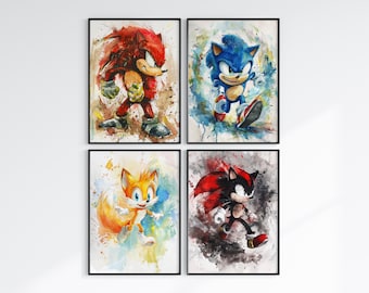 Conjunto de pôsteres de aquarela do Sonic: Shadow, Tails, Knuckles (impressão digital)