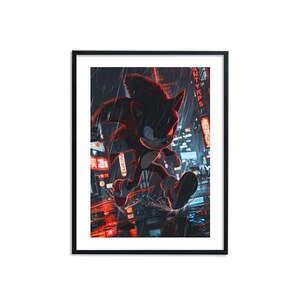 May include: A digital illustration of a black and red Sonic the Hedgehog running through a rainy city street at night. The street is lined with neon signs and buildings. The image is in a black frame.