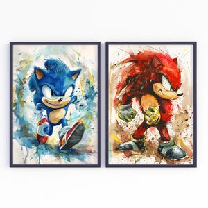 Sonic Hedgehog Prints, Set of 4 Watercolor Posters, Sonic Game Poster Printable, Shadow, Tails, Knuckles Poster, Sonic Poster, Digital Print