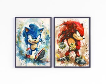 Conjunto de pôsteres de aquarela do Sonic: Shadow, Tails, Knuckles (impressão digital)