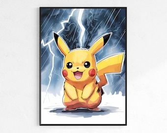 Pôster de Pikachu em aquarela: Arte infantil em estilo anime (download digital)
