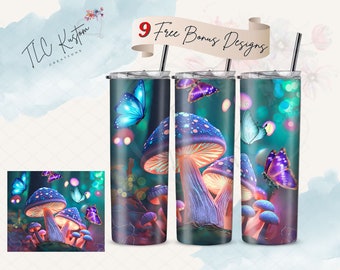 Mushrooms and Butterflies Tumbler Design | 20oz & 30oz Tumbler | Sublimation Design PNG | Digital Download File Only