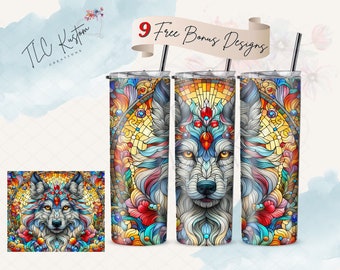 Stained Glass Wolf With Flowers Fantasy Art Tumbler Design Wrap | 20oz & 30oz Tumbler | Sublimation Design PNG | Digital Download File Only