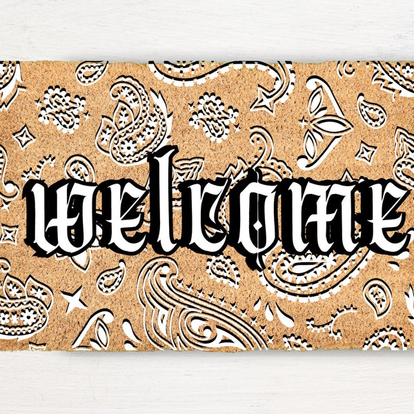 Custom Personalized Black & White Bandana 90s Aesthetic Paisley Small Large Welcome Doormat Simple New Home Housewarming Outdoor Mat Gift