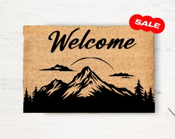 Custom Personalized Mountains Family Last Name Cute Bear Deer Welcome Doormat Camping Nomad Nature Trees Birds Woods Forest Outdoor Mat Gift