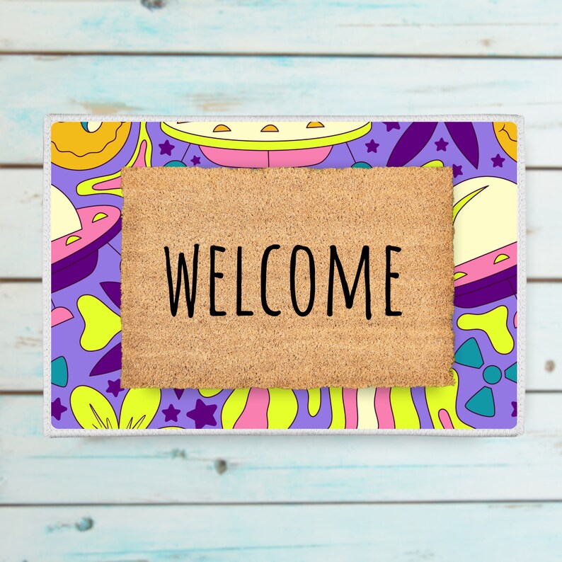 Wavy Stoner Eye Neon Layering Rug 70s Hippie Doormat Retro Trippy UFO