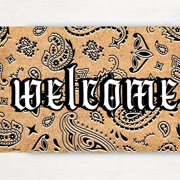 Custom Personalized Black & White Bandana 90s Aesthetic Paisley Small Large Welcome Doormat Simple New Home Housewarming Outdoor Mat Gift