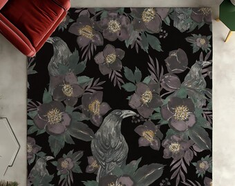 Dark Botanical Gothic Raven Rug Witchy Aesthetic Rug Boho Mat Indoor Area Rug Crow Black Outdoor Rug Housewarming Gift Chic Floral Decor