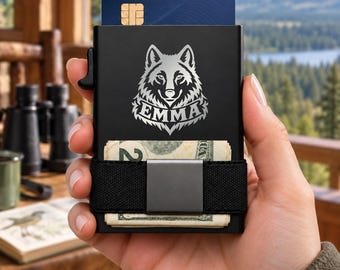 Wolf Wallet, Wildlife Engraved Metal Card Holder, Personalized Nature Gift