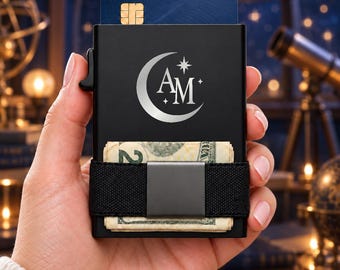 Personalized Crescent + Initials Wallet, Engraved Metal Card Holder, Slim RFID Wallet, Zodiac Gift