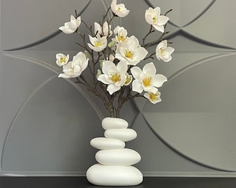 Artificial White Magnolia in Vase Silk Branch Flowers in Planter Faux Plant for Indoor Home Decor Fake potted plants Gift for her