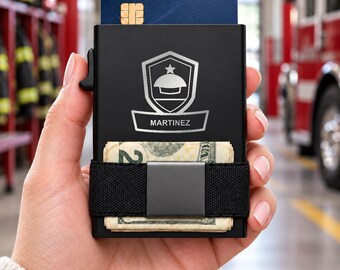 Personalized Rescue Shield + Name Wallet, Engraved Metal Card Holder, Slim RFID Wallet, First Responder Gift