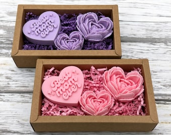 Birthday Gift for Mom – Handmade Peony & Rose Soap Gift Set, Cute Floral Spa Box, Heart Soap, Self Care Present for Her