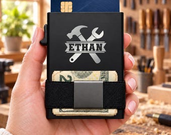 Personalized Mechanic Tools Wallet, Engraved Metal Card Holder, Slim RFID Wallet, Tradesman Gift