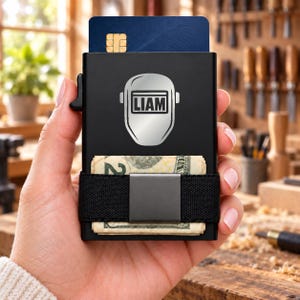 Personalized Welder Helmet Wallet, Engraved Metal Card Holder, Slim RFID Wallet, Tradesman Gift