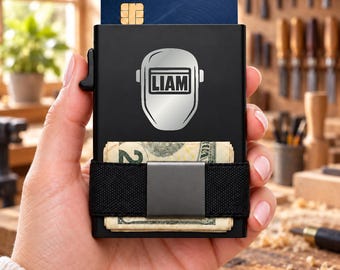 Personalized Welder Helmet Wallet, Engraved Metal Card Holder, Slim RFID Wallet, Tradesman Gift