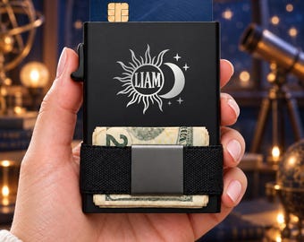 Personalized Sun + Moon Wallet, Engraved Metal Card Holder, Slim RFID Wallet, Zodiac Gift