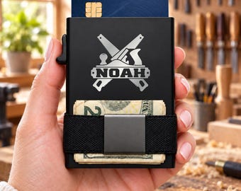 Personalized Woodworker Tools Wallet, Engraved Metal Card Holder, Slim RFID Wallet, Tradesman Gift