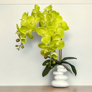 Artificial Green Orchid – Faux Silk Flower in Handmade Vase for Home Decor, Office, Wedding Centerpiece, Gift