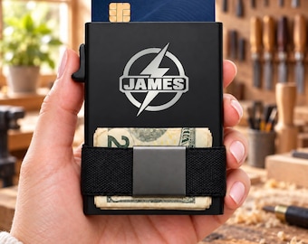 Personalized Electrician Bolt Wallet, Engraved Metal Card Holder, Slim RFID Wallet, Tradesman Gift