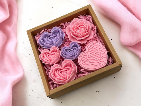 Mother’s Day Gift Box for Mom, Floral Heart Soap Set, Spa Self Care Package, Gift Basket