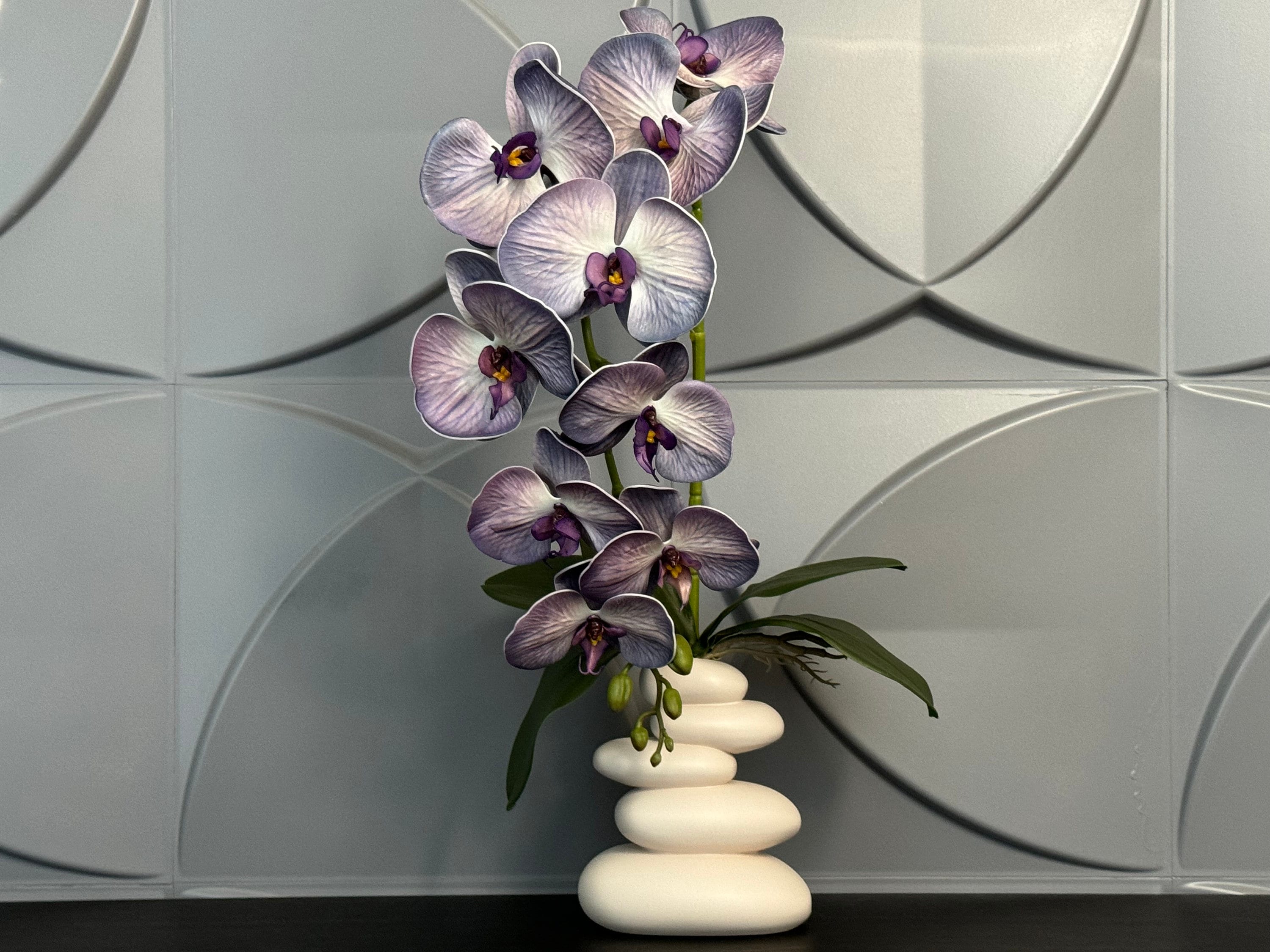 Orquídeas artificiales para decoración del hogar, florero plateado  interior, orquídeas flores artificiales (morado)