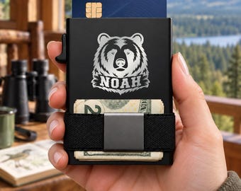 Bear Wallet, Wildlife Engraved Metal Card Holder, Personalized Outdoors Gift