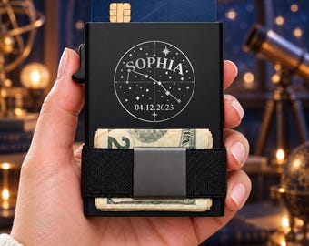 Personalized Star Map + Date Wallet, Engraved Metal Card Holder, Slim RFID Wallet, Zodiac Gift