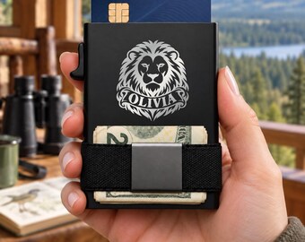 Lion Wallet, Wildlife Engraved Metal Card Holder, Personalized Animal Gift