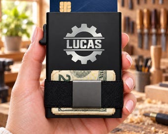 Personalized Trade Name Gear Wallet, Engraved Metal Card Holder, Slim RFID Wallet, Tradesman Gift