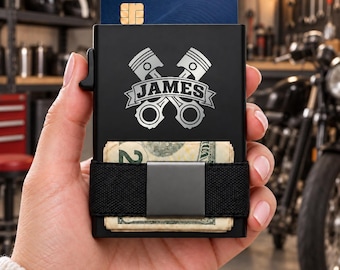 Personalized Crossed Pistons Wallet, Engraved Metal Card Holder, Slim RFID Wallet, Biker Gift