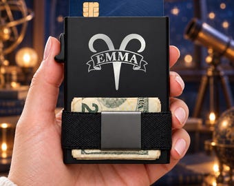 Personalized Aries Wallet, Engraved Metal Card Holder, Slim RFID Wallet, Zodiac Gift