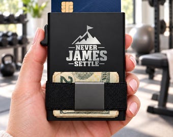Personalized Never Settle Wallet, Engraved Metal Card Holder, Slim RFID Wallet, Motivational Gift