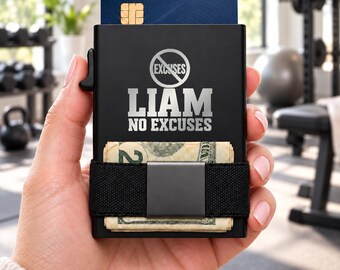 Personalized No Excuses Wallet, Engraved Metal Card Holder, Slim RFID Wallet, Motivational Gift
