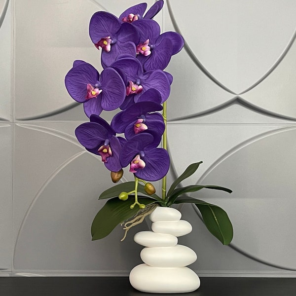 Artificial Purple  Orchid Phalaenopsis in Handmade Vase Real Touch Silk Flowers Branch Faux Plant for Indoor Fake arranging Centerpiece