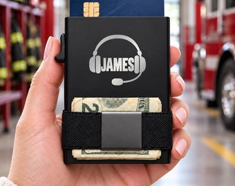 Personalized Dispatcher Headset Wallet, Engraved Metal Card Holder, Slim RFID Wallet, First Responder Gift