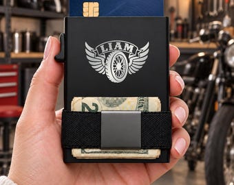 Personalized Winged Wheel Wallet, Engraved Metal Card Holder, Slim RFID Wallet, Biker Gift