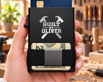 Personalized Built By Hand Wallet, Engraved Metal Card Holder, Slim RFID Wallet, Tradesman Gift