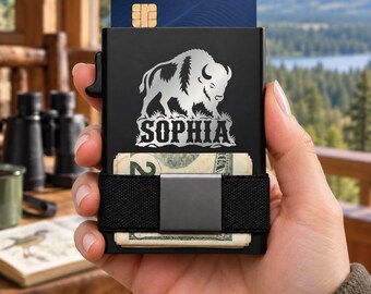 Bison Wallet, Wildlife Engraved Metal Card Holder, Personalized Western Gift