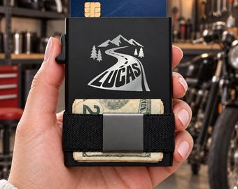 Personalized Open Road Wallet, Engraved Metal Card Holder, Slim RFID Wallet, Biker Gift