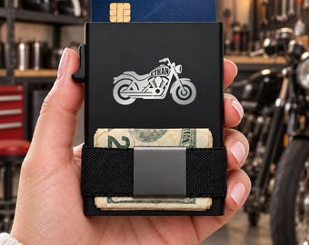 Personalized Cruiser Motorcycle Wallet, Engraved Metal Card Holder, Slim RFID Wallet, Biker Gift