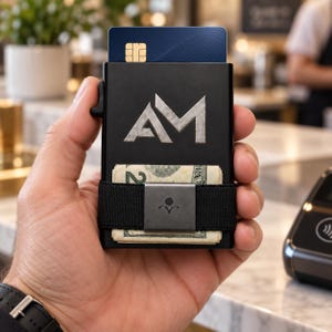 May include: A black metal card holder wallet featuring the letters AM engraved on the front. The wallet includes a black elastic strap with a central metal clip holding folded currency and a dark blue credit card protruding from the top.