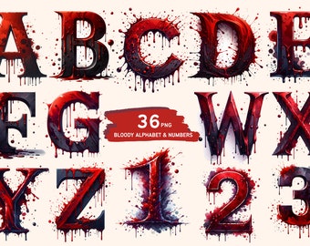 Blood Splatter PNG Alphabet and Numbers Clipart Bundle with Dripping Blood Letters for Halloween creations such as tumblers, shirts, flags,