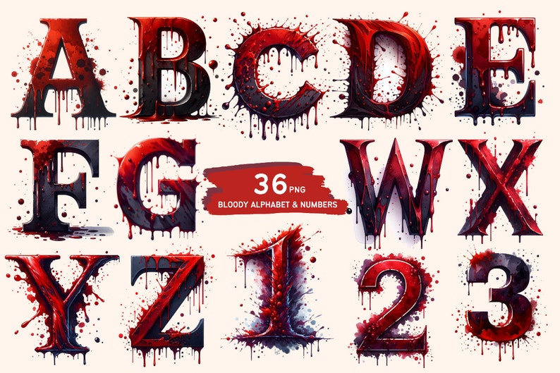 Blood Splatter PNG Alphabet and Numbers Clipart Bundle With Dripping ...