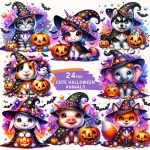 Ensemble de cliparts d'animaux mignons d'Halloween par sublimation : husky, chat, cochon d'Inde, lapin, .. portant des chapeaux de sorcière et une cape et une lanterne Jack avec des bonbons