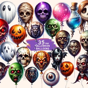 Halloween Balloons Clipart Bundle, Clip Art Sublimation PNG Bundle with 35 Creepy Spooky Halloween Creatures Balloons for Invitations cards